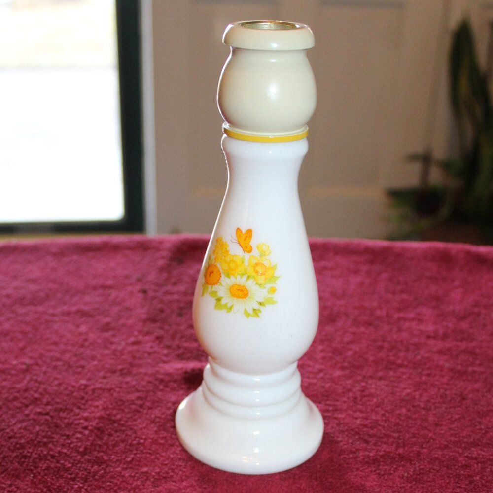 Vintage Avon Buttercup Milk Glass Candle Holders Cologne Bottle